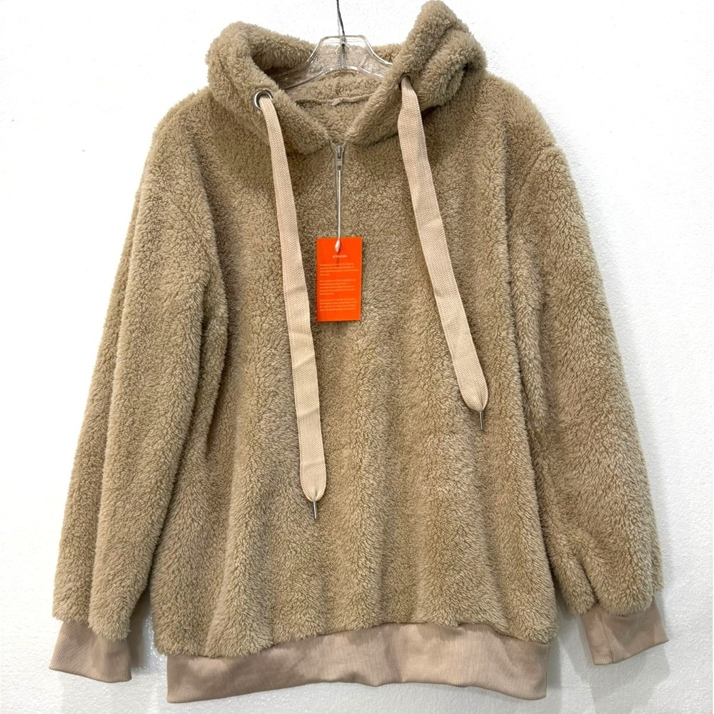 NWT Unbranded Cozy Fuzzy 1/4 Zip Hoodie Beige Size Medium